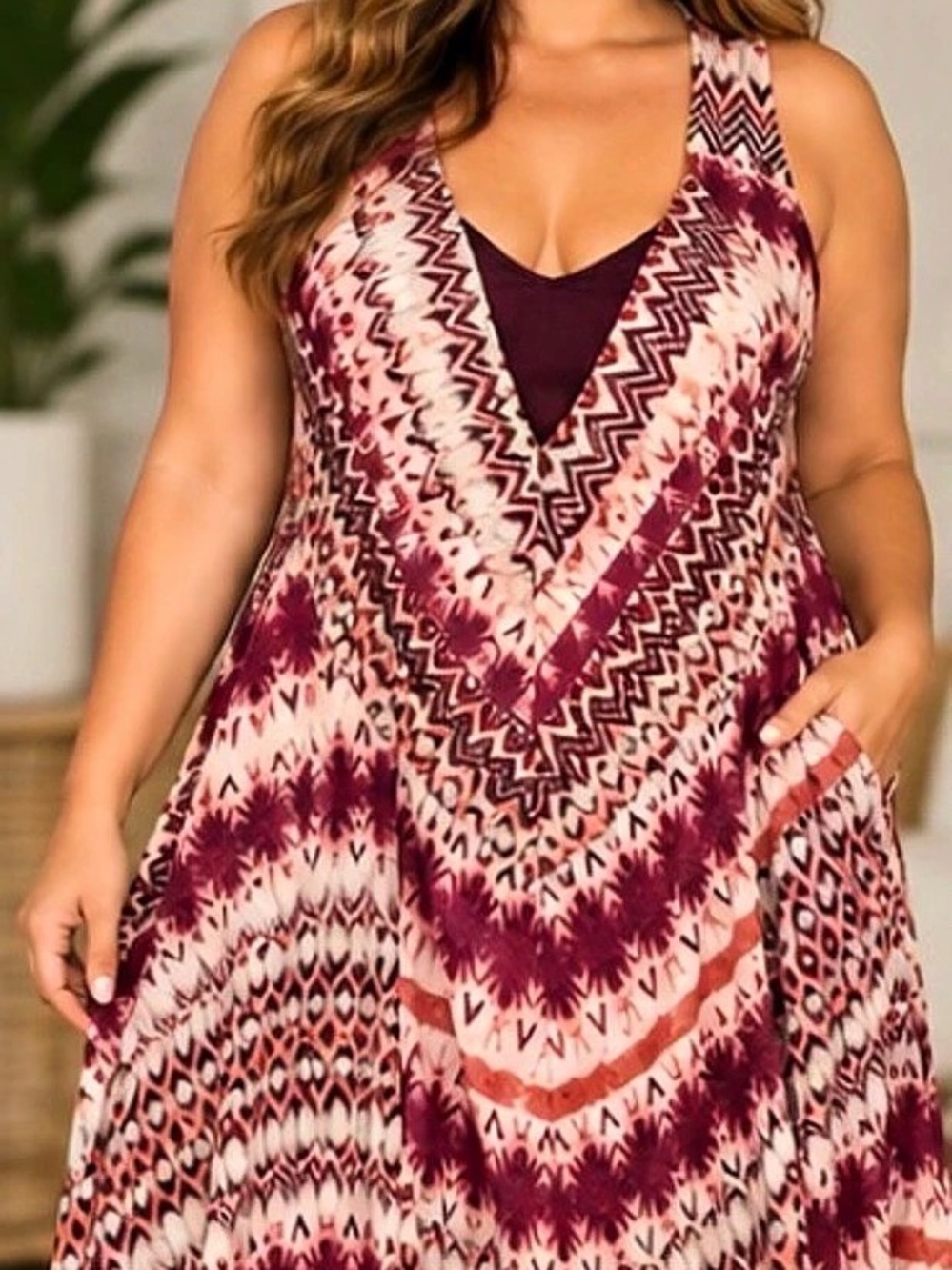 30” ptp Jessica Simpson Geometric Maxi Dress in Burgundy & White Size 3X Like Ne
